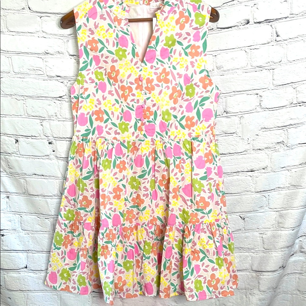 Karlie Pink Green Floral Sleeveless Tiered Dress Size Large